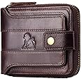 LAOSHIZI Zipper Wallets for Men Genuine leather Zip Around Purse RFID Blocking Bifold ID Window with Coin Pocket