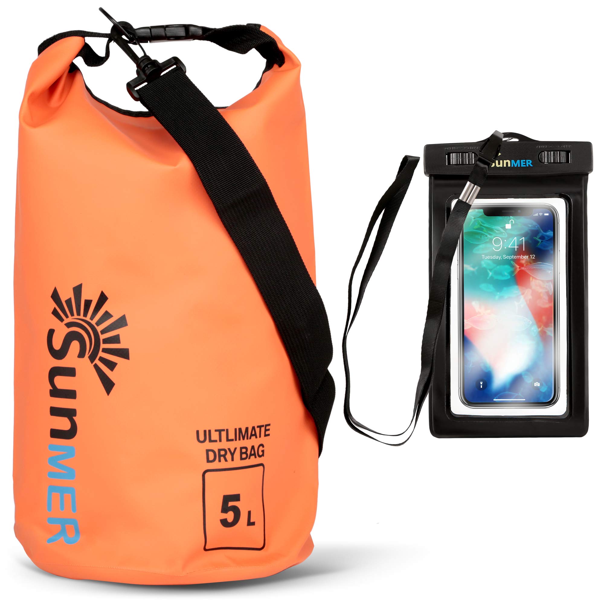 SUNMER 5L Orange Waterproof Dry Bag with Waterproof Phone Case – IPX8 Rating Great for Hiking, Fishing, Rafting, Kayaking, Swimming