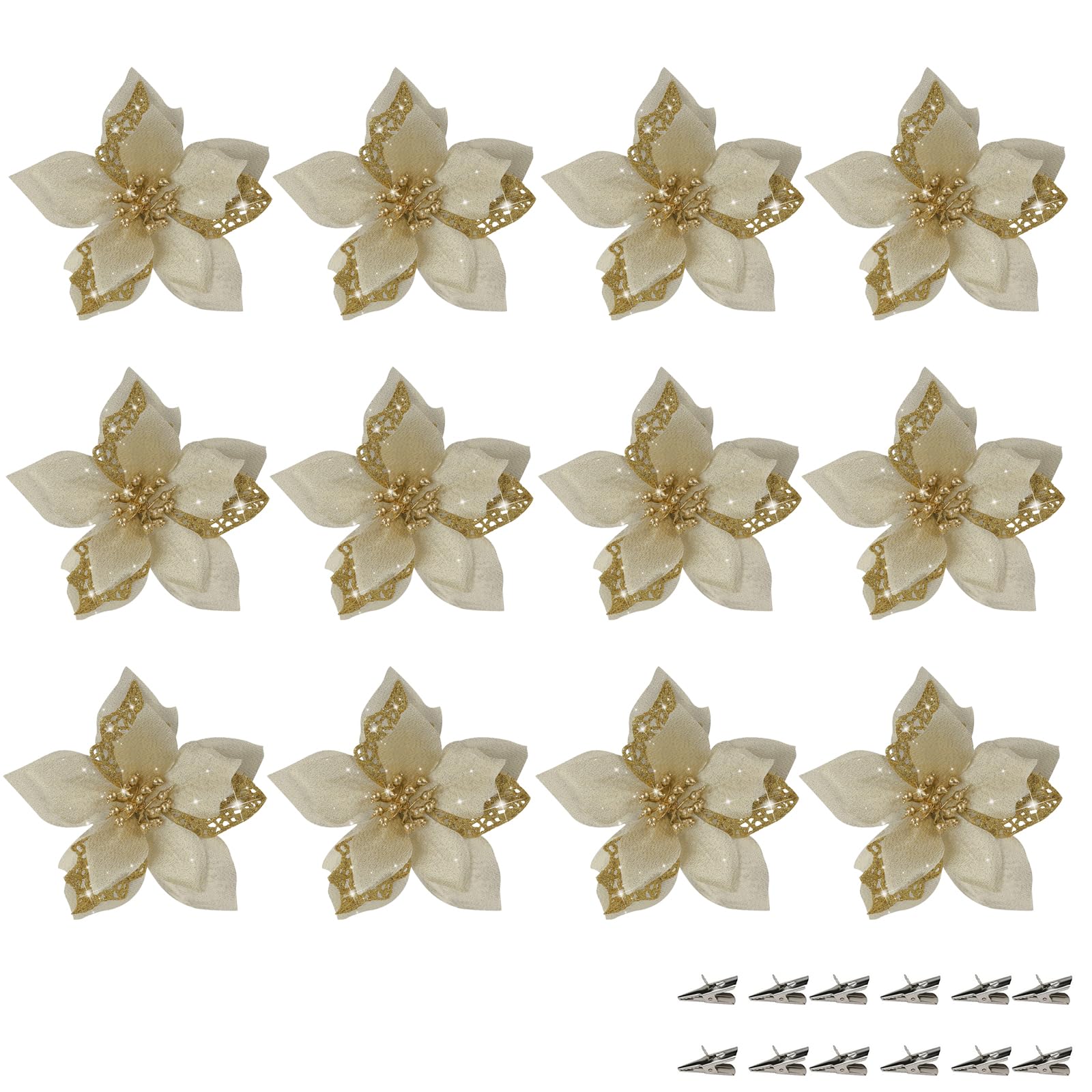 SUNTRADE 22CM Glitter Poinsettia Artificial Flowers, Christmas Tree Decorations with Clips,12-Pack (Gold)