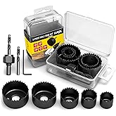 KATA 8PCS Hole Saw Kit 1" to 2-1/8" for Wood, Drywall, PVC, Plastic in Case | Carbon Steel Hole Saw Set with Mandrels, Hex Key, Drill Bit, 5 Saw Sizes to 1 Inch Deep, Hole Cutter for Soft Wood, Plywood