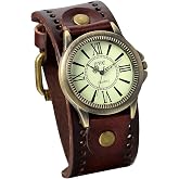JewelryWe Vintage Leather Cuff Watch Punk Analog Quartz Wristwatch | Adjustable 7.5-8.7 Inch Brown Cuff Band with Green Roman Dial for Costumes, Daily Outfits, and Retro Styling