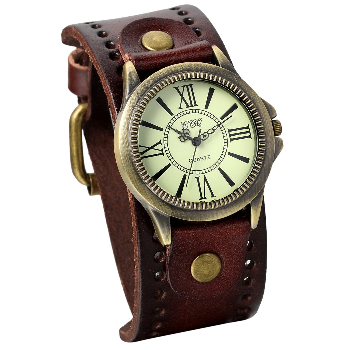 JewelryWe Vintage Leather Strap Wide Band Wristwatch Cuff Quartz Watch for Men - Brown
