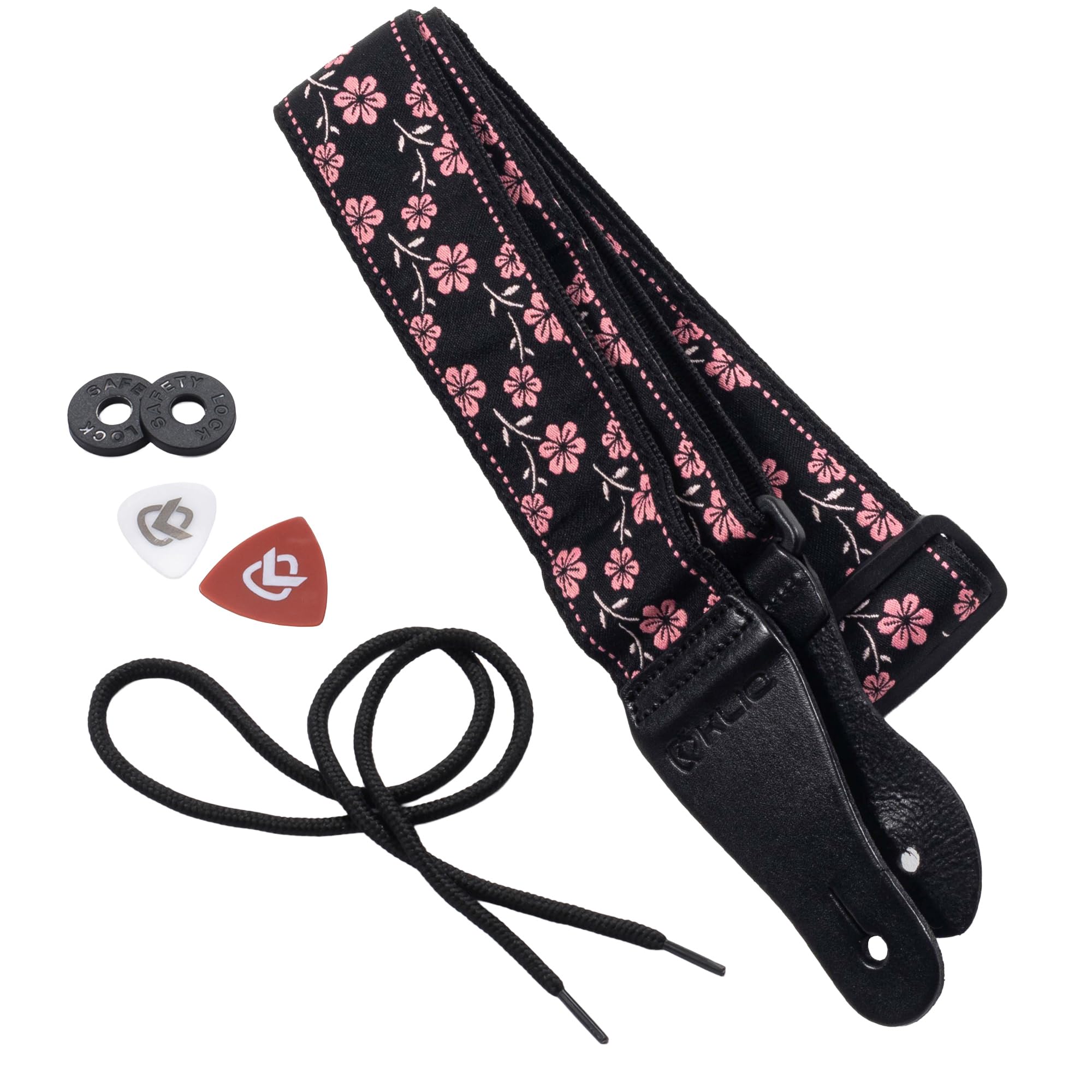 KLIQ Vintage Woven Guitar Strap for Acoustic and Electric Guitars + 2 Rubber Strap Locks, 2 Guitar Picks and 1 Free Lace | '60s Jacquard Weave Hootenanny Style | Pink Wildflower