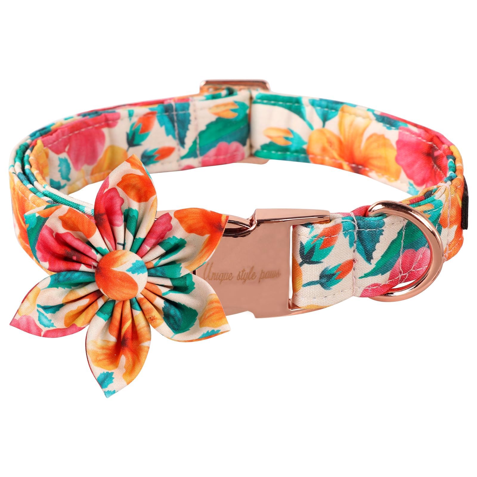 Unique style paws Dog Collar with Flower, Colorful Flower Collar, Adjustable Comfortable Cotton for Boy Girl Dogs, Metal Buckle, L, Neck 16-24in, F: Orange&pink flowers — image 1