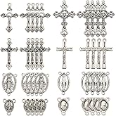 SUNNYCLUE 1 Box 80Pcs 8 Styles Rosary Cross Charms Silver Crucifix Charms Vintage Tibetan Style Easter Alloy Oval Connectors Chandelier Link Charm for Jewelry Making Charms Supplies DIY Necklace Craft