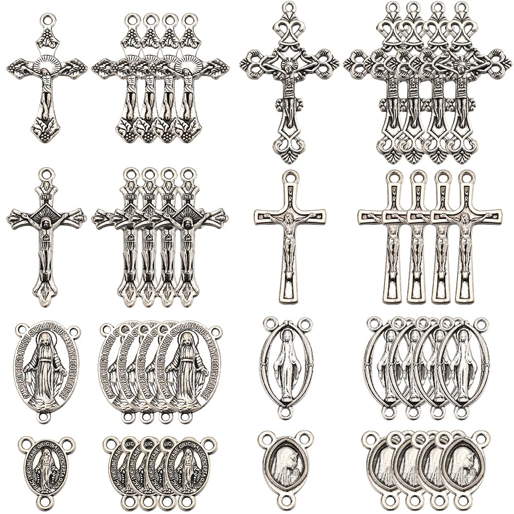 SUNNYCLUE 1 Box 80Pcs 8 Styles Rosary Cross Charms Silver Crucifix Charms Vintage Tibetan Style Easter Alloy Oval Connectors Chandelier Link Charm for jewellery Making Charm DIY Necklace Craft