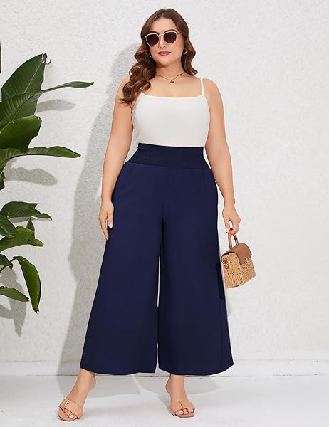 SHOPWONDER PLUS SIZE CASUAL PANTS FOR WOMEN ELASTIC HIGH WAIST TROUSERS WIDE LEG COMFY LOUNGE BOHO SUMMER PANTS WITH POCKETS NAVY BLUE XL