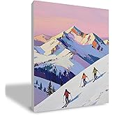 XIVENHAVM Winter Snow Mountain Skiing Framed Canvas Wall Art, Ski Lover Gifts, Watercolour Winter Snowland Skiers Poster Paintings Wall Decor for Home Office Gym Sports Room, 11x14 Inch