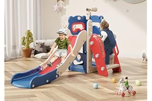 Babytronic Toddler Slide, 6 in 1 Kids Indoor Slide for Toddlers 1-3, Kids Playground for Indoor Outdoor with Basketball Hoop and Telescope, Indoor Outdoor Slide Playset (Blue&Red)