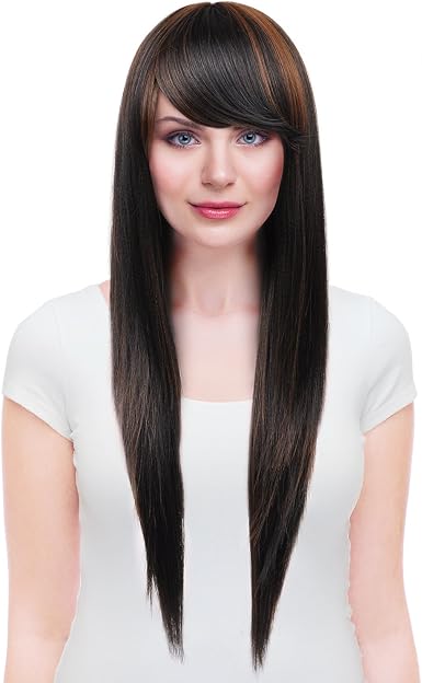 Amazon Com Tirrinia Silky Long Straight Synthetic Wig With Bangs