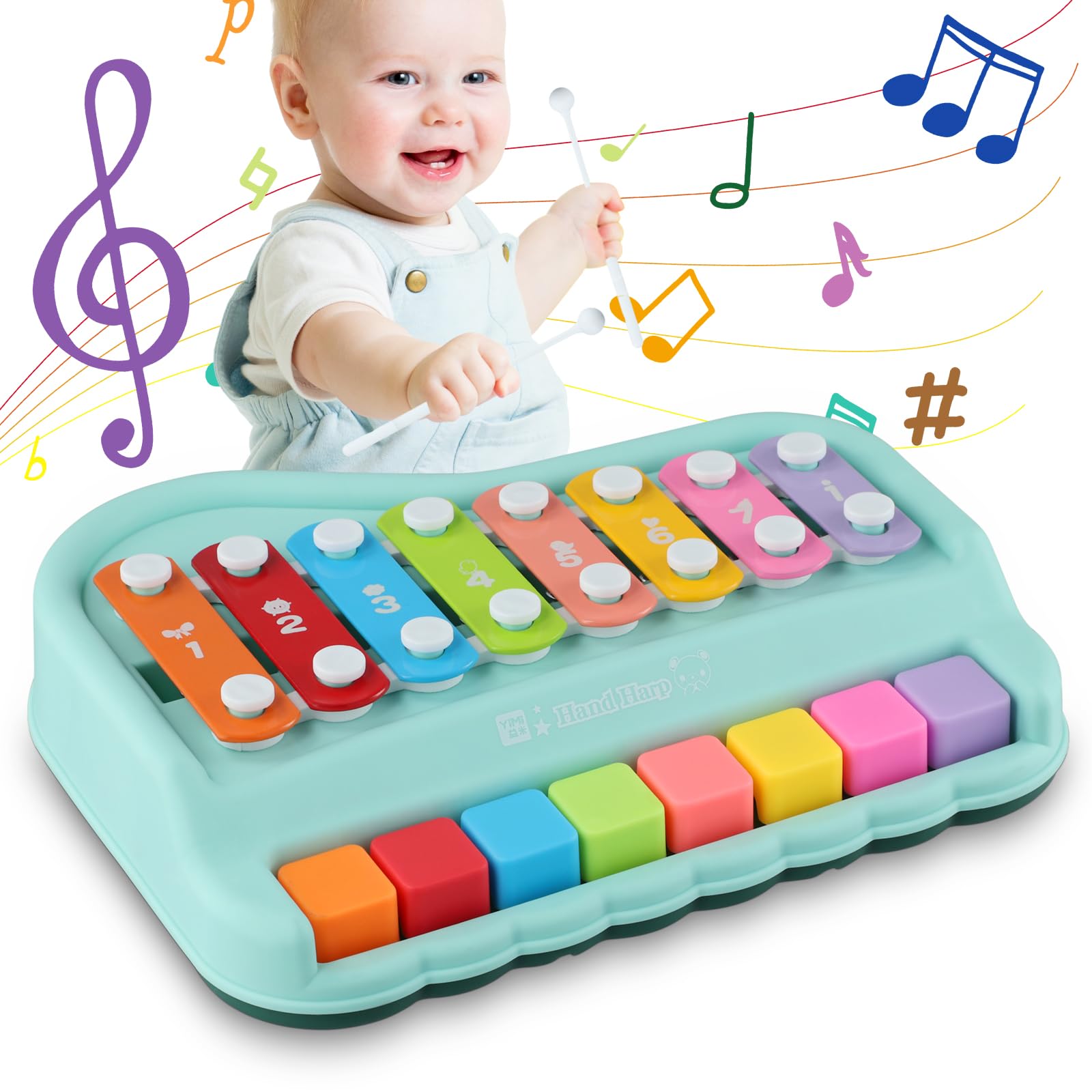 Baby Xylophone Toy, 2 in 1 Baby Musical Instrument Toy for 1-3 Year Old Toddlers, Music Xylophone Drum Set with 8 Notes Piano Keyboard and Stick, Kids Early Educational Sensory Toys Birthday Gift