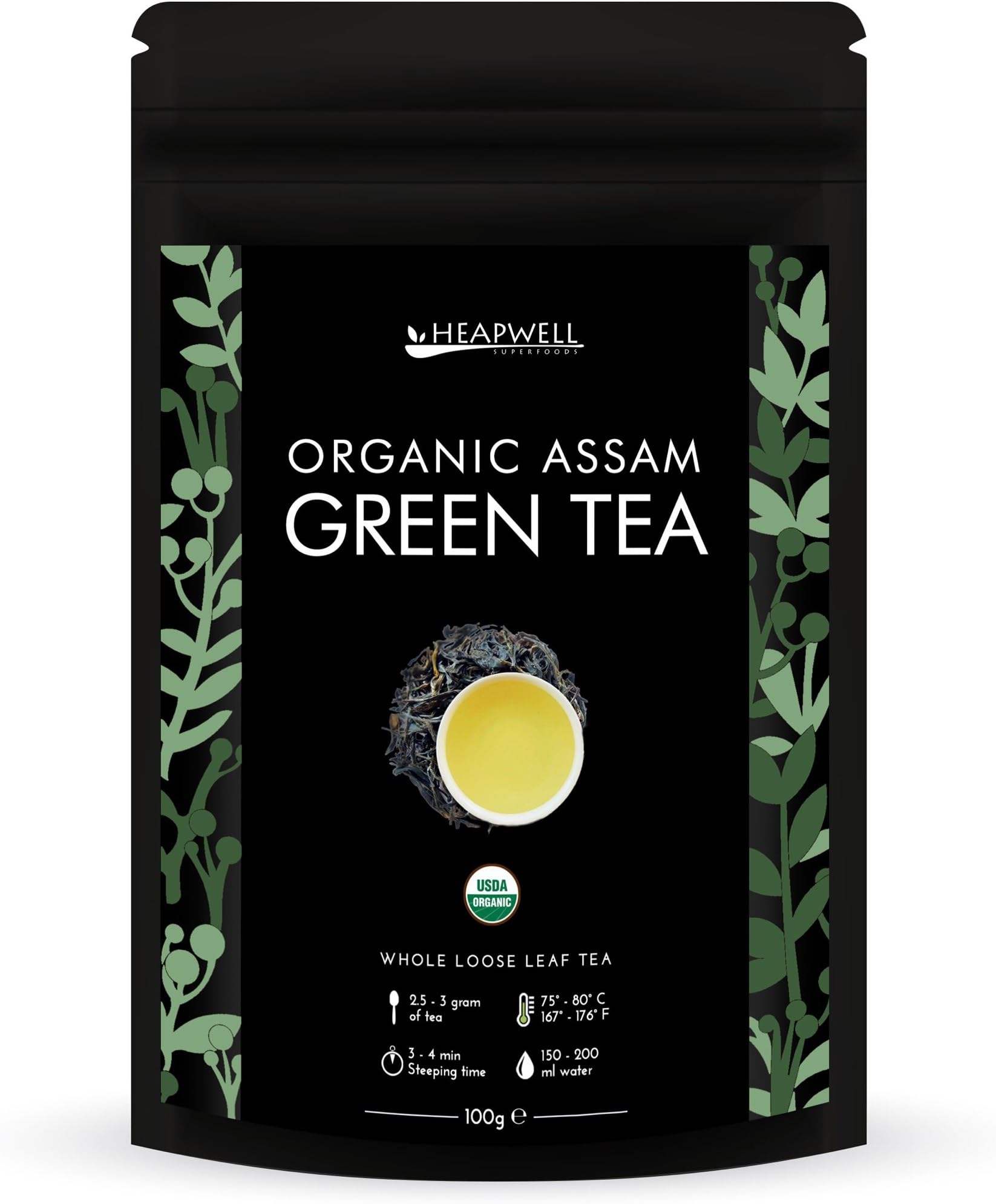 Organic Green Tea Loose Leaf Tea from Assam First Harvest Handpicked and Hand-Rolled 50 Cups (100g)