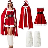 Haysandy 3 Pcs Mrs Santa Claus Costume Christmas Velvet Cloak with Hood Cape Women's Velvet Santa Claus Outfit Leg Warmers