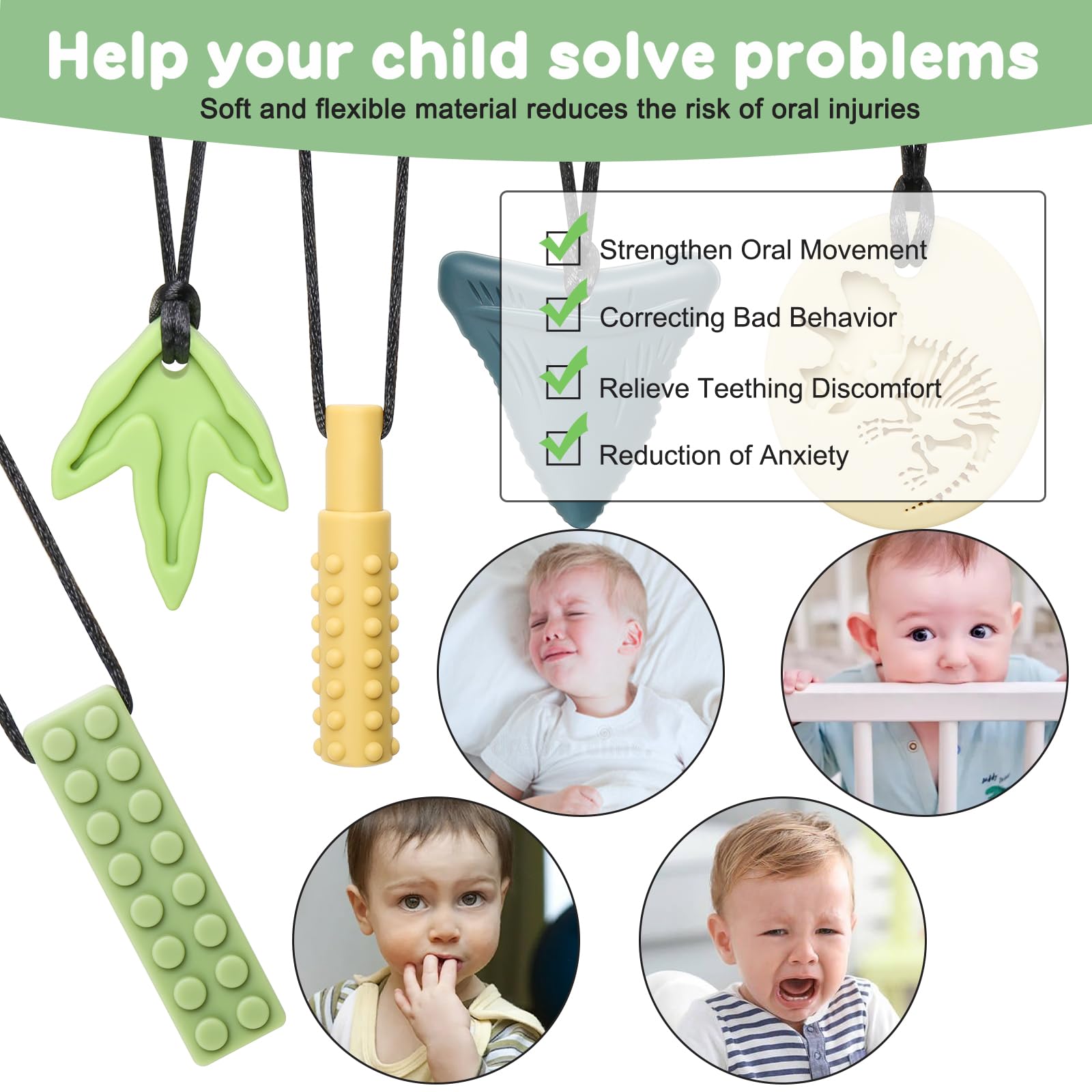 Sensory Chew Necklaces for Aggressive Chewers - Silicone Chewelry for Autism, ADHD, Oral Motor Therapy & Baby Teething - Dinosaur (BPA-Free, Textured Surface)