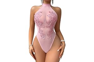 Girece Women Teddy Lingerie Sexy Mesh Bodysuit Halter Snap Crotch Body Suits Sheer Emboroidered One Piece Babydoll