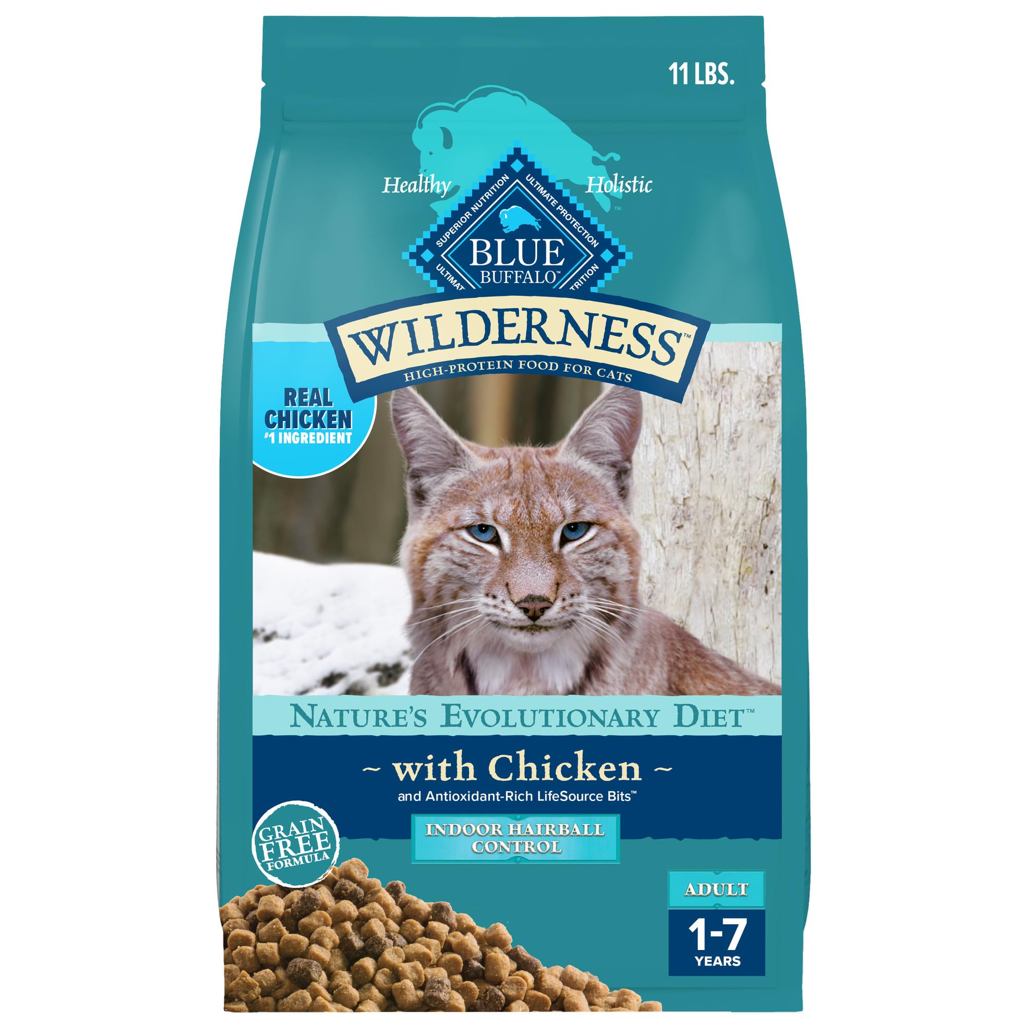 Photo 1 of ***BAG HAD MINOR TEAR***Blue Buffalo Wilderness High-Protein, Grain-Free Natural Dry Food for Adult Cats, Indoor Hairball Control, Chicken, 11-lb. Bag