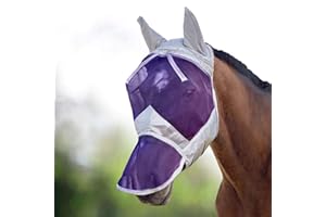 Harrison Howard CareMaster Horse Fly Mask Long Nose with Ears Full Face Silver/Purple Retro Large Full Size