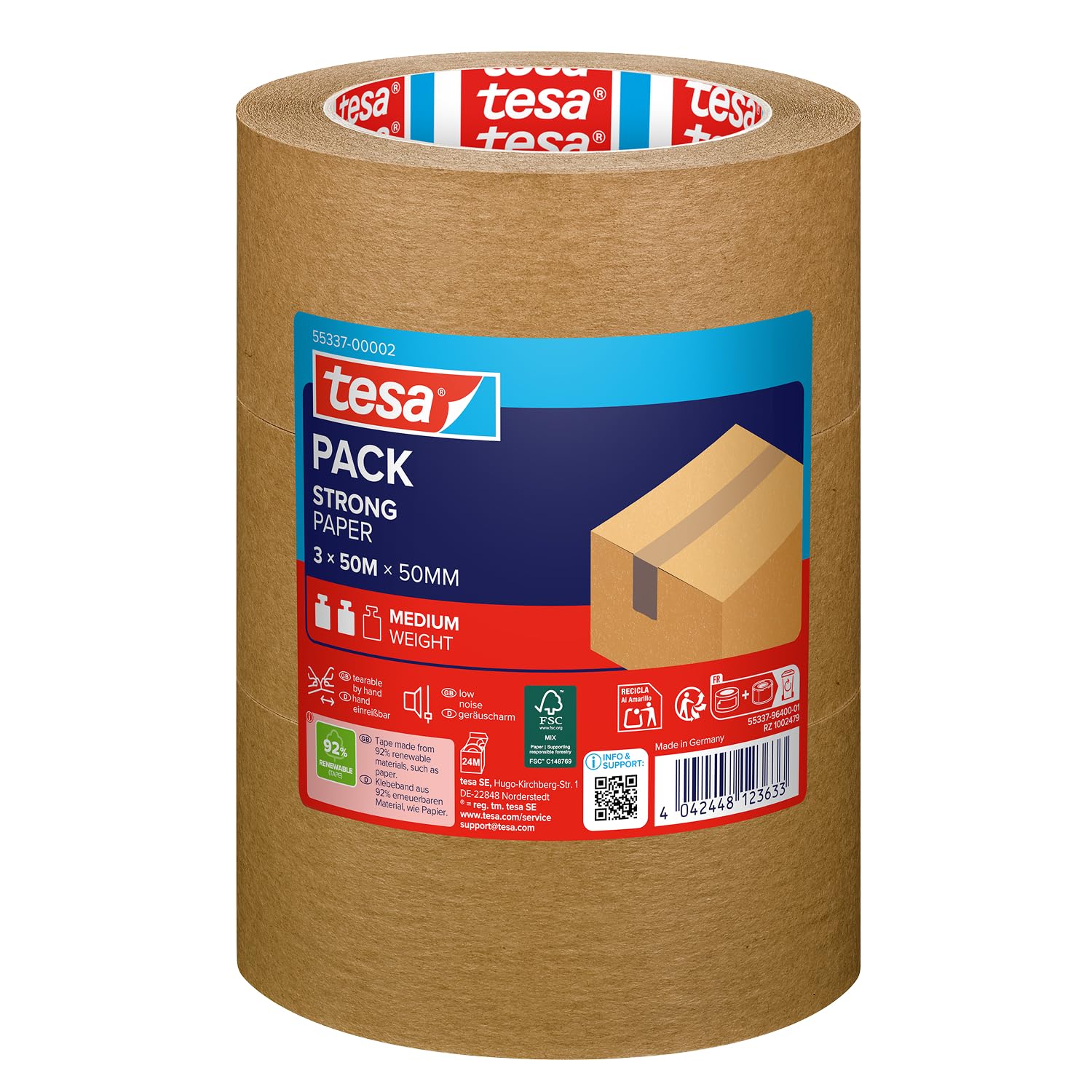 tesapack STRONG PAPER - Paper Packing Tape - 92% Renewable Materials - Hand Tearable - Packing Tape for Medium Parcels - Brown - 3 Rolls 50 m x 50mm Each