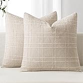 MIULEE Decorative Linen Check Euro Shams Throw Pillow Covers Neutral Farmhouse Vintage Pillow Covers 24x24 Set of 2 Boho Modern Home Decor for Sofa Couch Bedroom Cushion Natural Beige