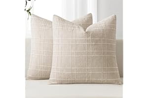 MIULEE Decorative Linen Check Throw Pillow Covers Neutral Farmhouse Vintage Christmas Pillow Covers 20x20 Set of 2 Boho Modern Home Decor for Sofa Couch Bedroom Cushion Natural Beige