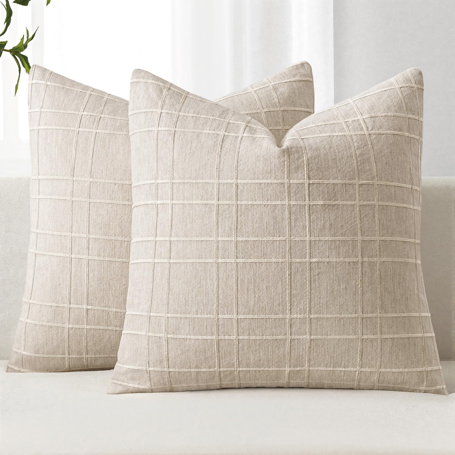 Photo 1 of MIULEE Decorative Linen Check Euro Shams Throw Pillow Covers Neutral Farmhouse Vintage Pillow Covers 26x26 Inch Set of 2 Boho Modern Home Decor for Sofa Couch Bedroom Cushion Chair Natural Beige