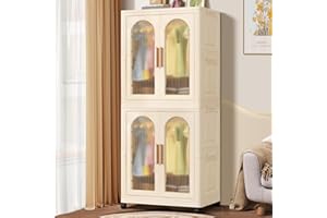 BUMODEL Portable Kids Closet Children's Wardrobe Collapsible Plastic Large Baby Clothes Cabinet Bedroom Nursery Armoire Quick Install Toddler Dresser with Hanging Rod and Door,Large 2 Cubes,White