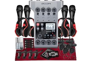 SONICSOUND TECHNOLOGIES Zoom PodTrak P4 Portable Multitrack Podcast Recorder, Audio Interface w/ 4 Mic Inputs, 4 Headphone Outputs, Platinum Kit with 4X Mic Pop Filters, 4X Headphone w/Mic, 4X Handheld Mic, 64GB SD & More