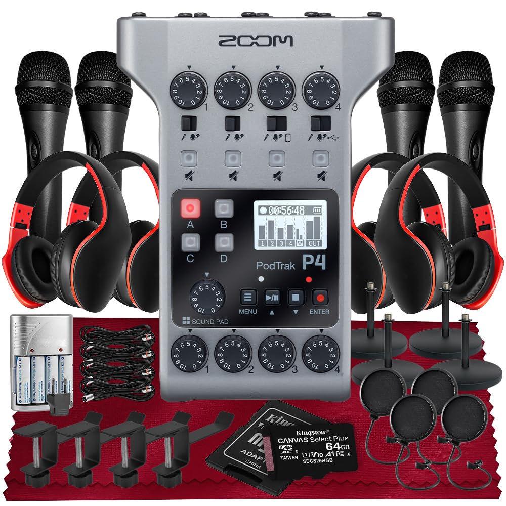 Zoom PodTrak P4 Portable Podcast Recorder & Audio Interface Kit: 4 Mics, Headphones, Pop Filters & 64GB SD
