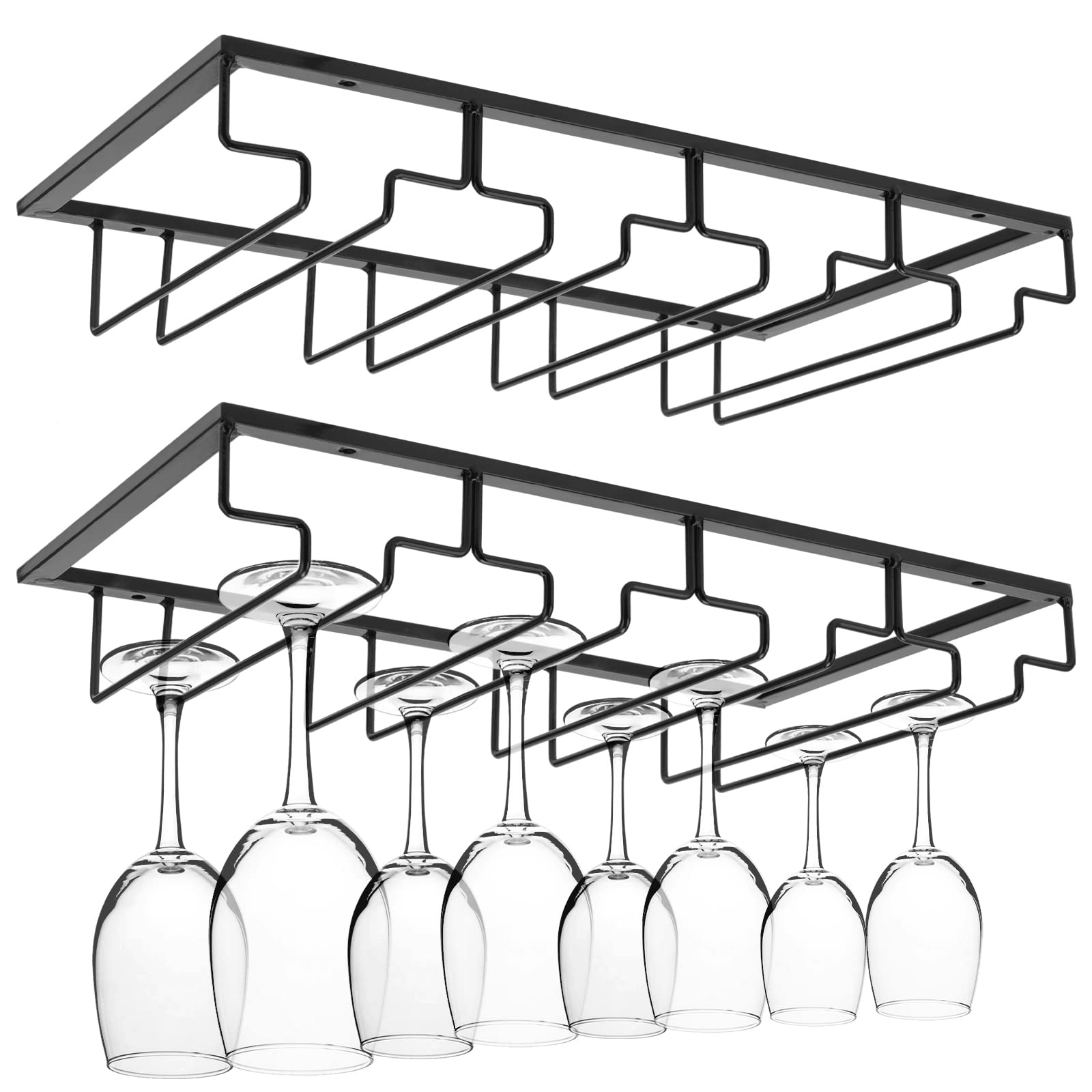 ZEONHAK 2 Pack 4 Rows Wine Glass Rack Under Cabinet, Black Hanging Stemware Storage Hanger for Kitchen, Bar, Cupboard - 40 x 22.5cm