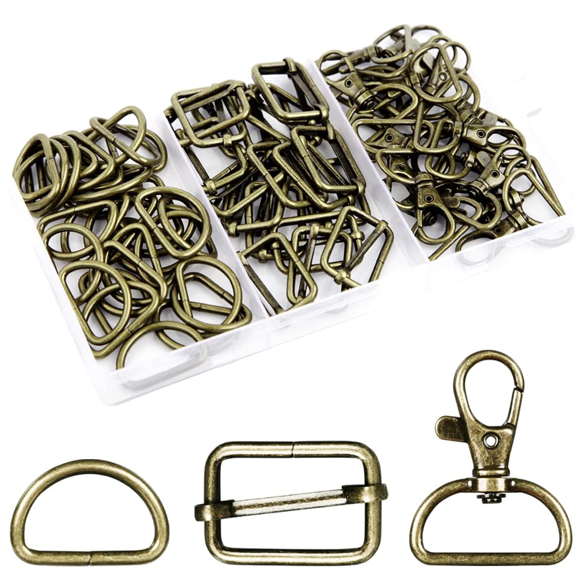 D Rings for Bags 70Pcs 25mm Metal Swivel Keychain Hooks and Slide Buckles for Bag Making Hardware, DIY Handicraft Backpacks, Handbags, Key Lanyards, Purse Bag Straps and Dog Collars (Bronze)