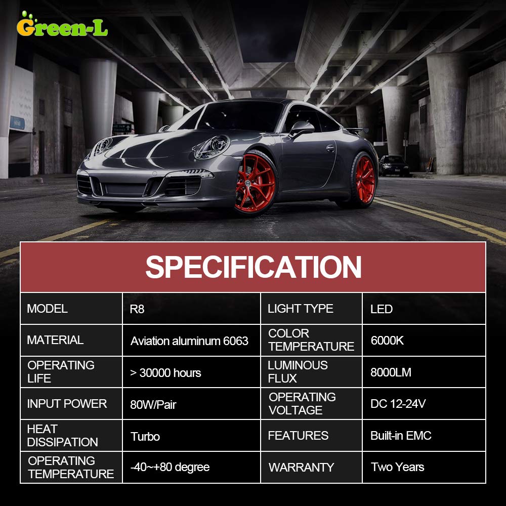 Green-L LED Headlight Bulbs H11/H8/H9 All-in-One Conversion Kits COB 8000LM 6000k White Super Bright Automotive Headlamp- 2 Year Warranty