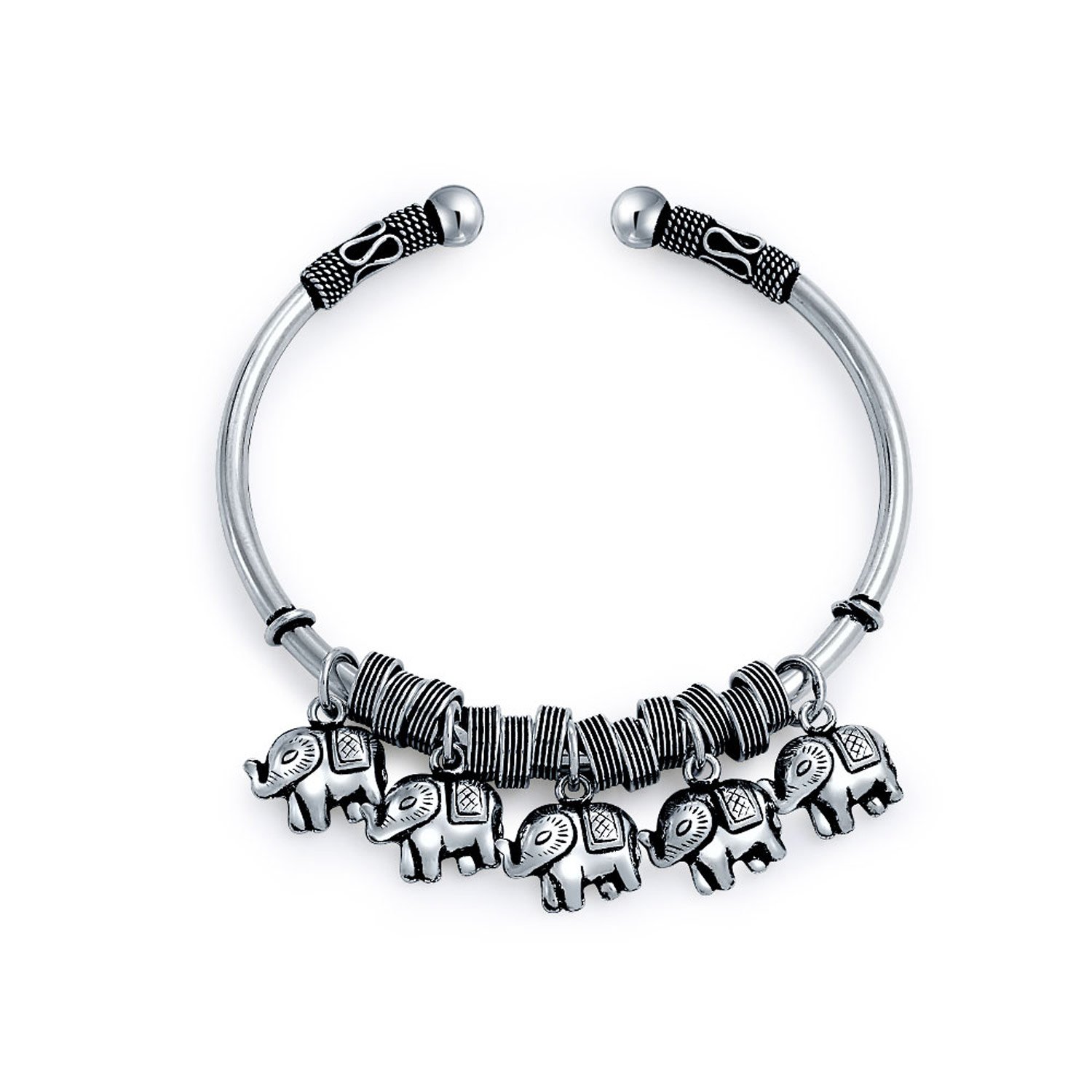 Bling Jewelry Bali Style 5 Charms Dangling Good Luck Elephant Bangle Cuff Bracelet For Women Solid Heavy Antiqued .925 Sterling Silver