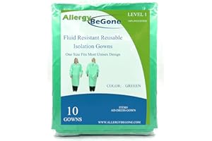 ALLERGY BE GONE Reusable Isolation Gowns - Fluid Resistant Polyester Non-Disposable Gowns for Medical Facilities - Protective Washable PPE Gowns for Dental, Testing Lab, Hospital Use - One Size Unisex Green 10-Pack