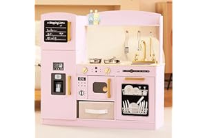 BUDDGO Play Kitchen Set for Kids, Wooden Kids Kitchen Playset with Real Lights & Sounds, Interactive Toy Kitchen with Felt Boxes for Storing Kitchen Utensils and Ice Maker Toy Accessories (Pink)