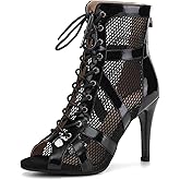 YCALCP Women Open Toe Dance Ankle Boots Latin Salsa Ballrooom Lace up Dance Heels Performence Practice Party Dancing Shoes, Model DS-789QP