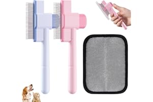 LEWRWET 2PCS Flea Comb for Cats and Dogs with Pet Hair Remover Glove, Self Cleaning Pet Flea Cat Grooming Brush with Release Button for Massaging and Cleaning Shedding Pets Hairs