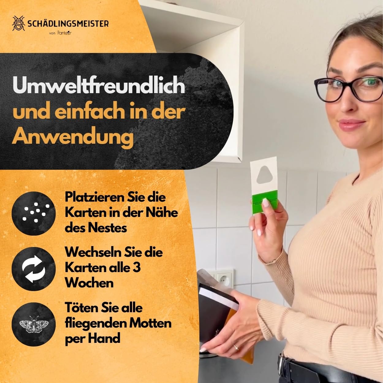 Panteer® Schlupfwespen gegen Lebensmittelmotten + GRATIS Mottenfalle - 9 Karten (3 Karten à 3 Lieferungen) - Schlupfwespen - Lebensmittelmotten Falle - Schlupfwespen gegen Motten - Made in Germany 5