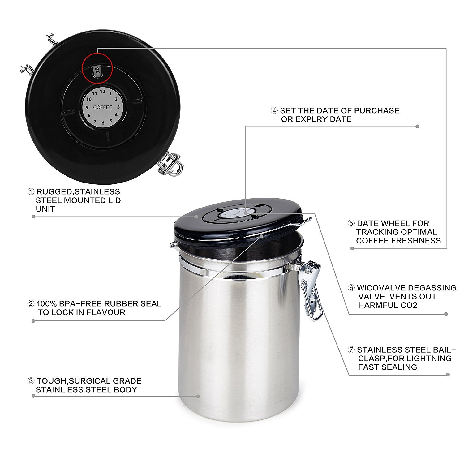 Airtight Coffee Canister,Movaty Stainless Steel Coffee Container CO2 Valve Vacuum Storage, 600g/21oz with 1 Measure Spoon,for Coffee, Tea, Nuts and Powders,Color Silver