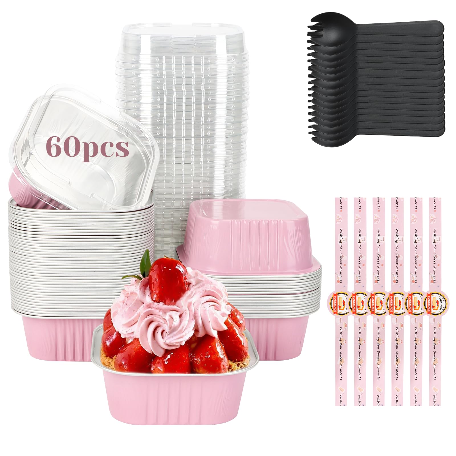 Photo 1 of YQER 60 Pack 10oz Mini Cake Pans with Lids, Spoons, Stickers - Disposable Square Brownie Baking Cups - Individual Small Aluminum Foil Loaf Tins for Muffin, Ramekins, Cupcake - Catering, Gift, Pink