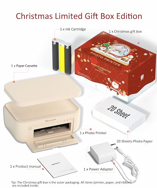 HPRT CP4100 4X6 PHOTO PRINTER WITH 20 SHEETS & 1 RIBBON, FULL-COLOR THERMAL DYE SUBLIMATION WI-FI PRINTING, PORTABLE INSTANT PICTURE PRINTER FOR IPHONE/ANDROID, AR VIDEO, FUN APP, HOME USE, XMAS KIT
