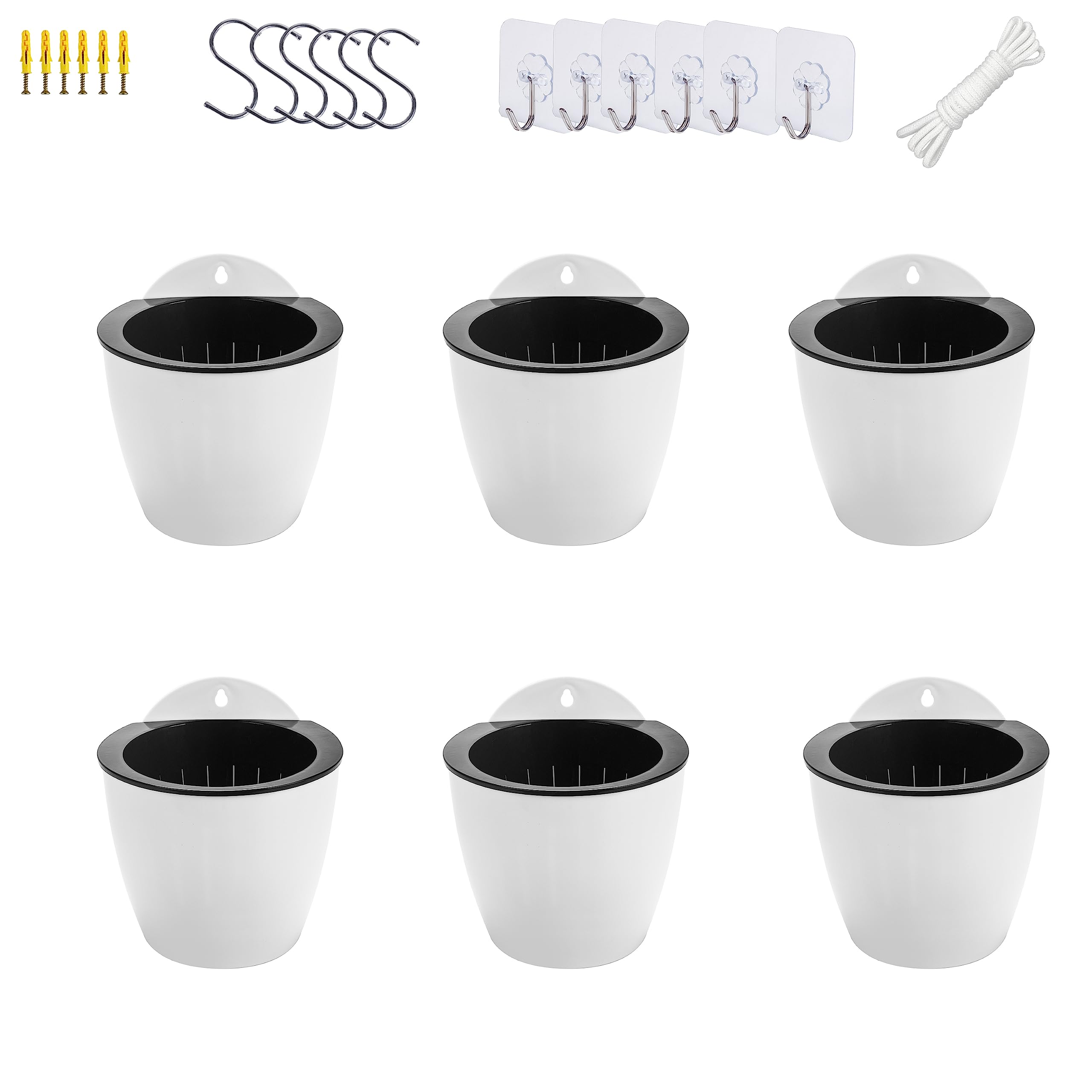 Photo 1 of 6 Pack White Hanging Planter Pots Self Watering Vertical Garden Wall Mount Window Hang Round Plastic Container Indoor Outdoor for Plants Flowers Succulent Kitchen Living Herbs Holder Decor(Large)