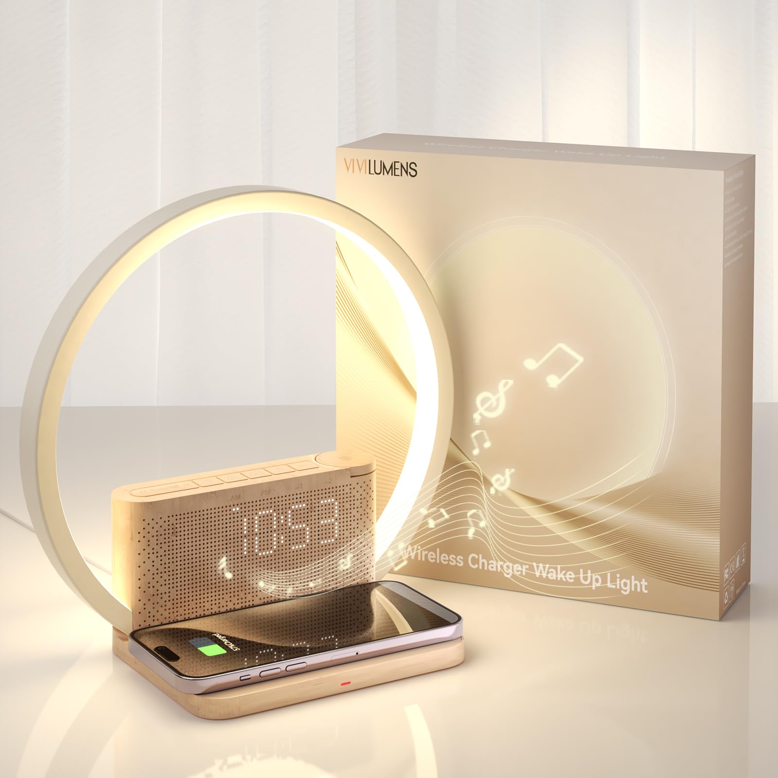 Photo 1 of Vivilumens Sunrise Alarm Clock Wireless Charger, 10 White Noise Sound Machine Alarm Clock with 30/60/90 Mins Timer, 3 Levels Touch Night Light Dual Clocks for Heavy Sleeper Bedroom Decor Gifts for Her