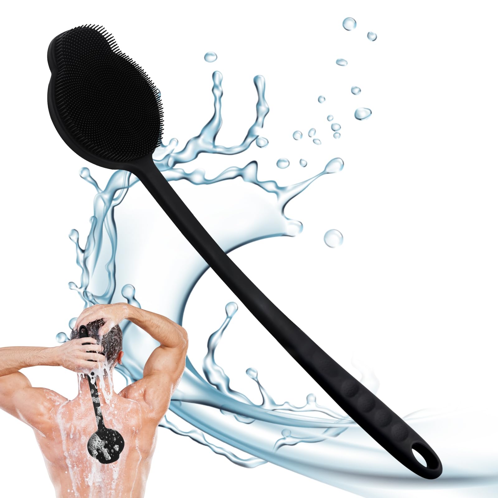 Silicone Back Scrubber for Shower With Long Handle - Improved Body Scrubber for Exfoliation and Massage, Creates More Foam - for Men and Women