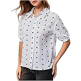 SweatyRocks Women's Polka Dots Print Short Sleeve Button Down Shirts Work Blouse