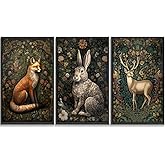 3Pcs William morris animal wall art Fox rabbit sika deer Canvas Posters Prints Forest Wild Animal Pictures Paintings Gothic Botanical Floral Oil Wall Decor for Bedroom Unframed (12