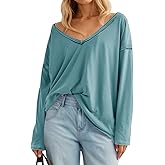 Tankaneo Womens Oversized Long Sleeve Shirts Deep V Neck Fall Tops Casual Loose Fit Tunic Basic Tees