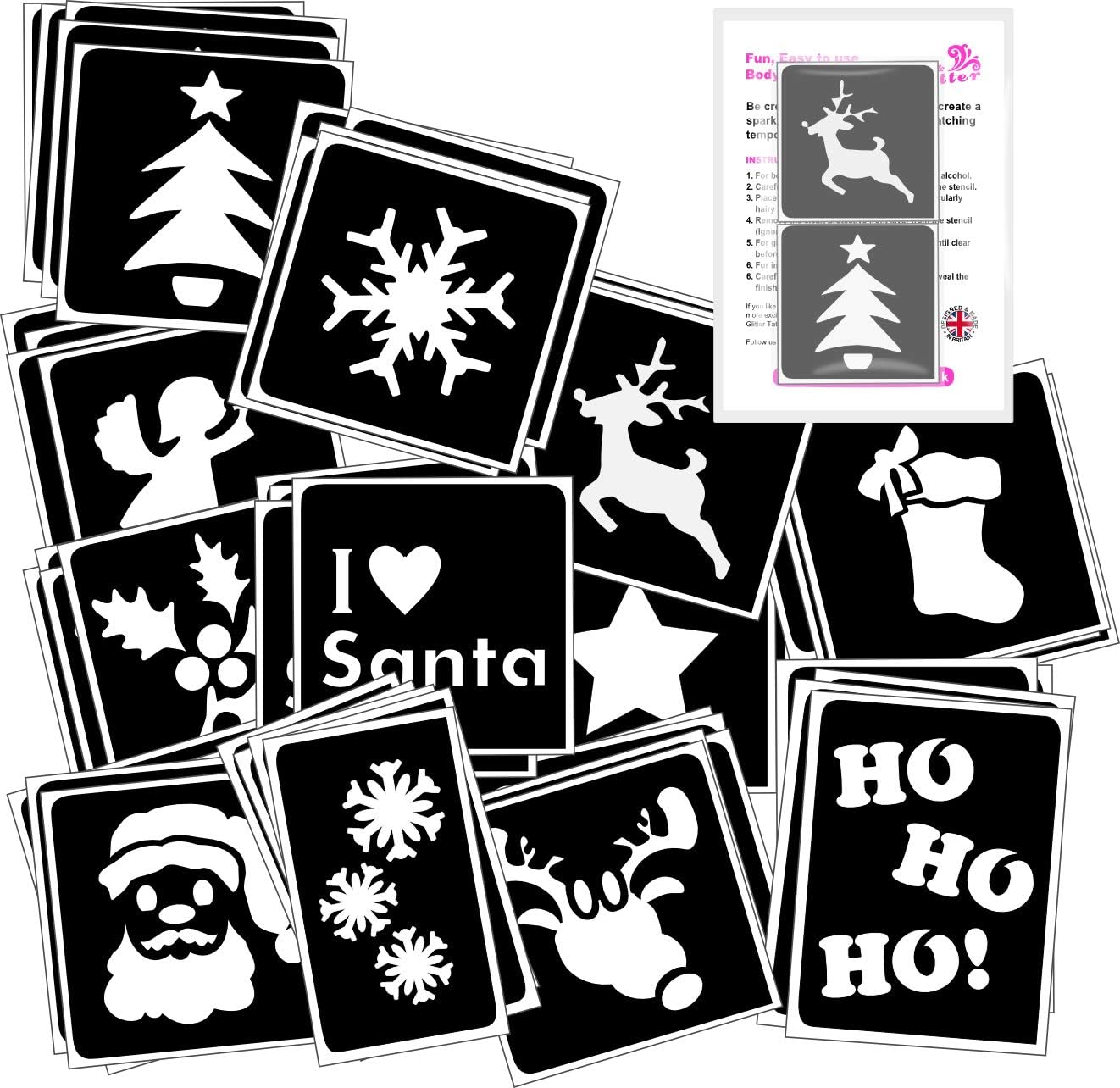 60 CHRISTMAS themed Boys & Girls Glitter Tattoo Body Art Stencil pack