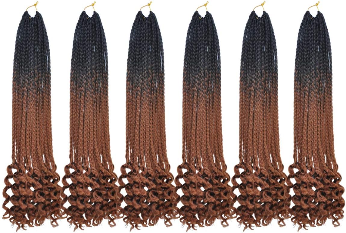 MSCHARM 6 Packs 22 Strands/Pack Crochet Curly Ends Ombre Hair Extensions Synthetic Braiding Hair Box Braids(Black-Dark Brown)