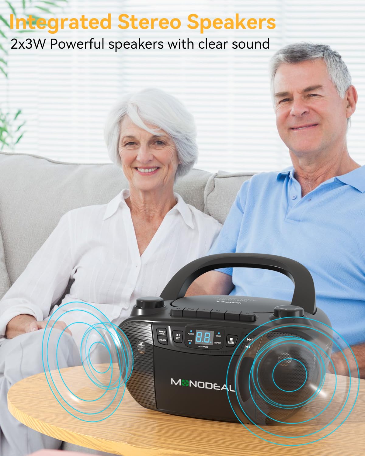 MONODEAL Cassette Tape Player with Bluetooth, Boom Box CD Player AM FM Radio, Multi-Functional CD and Cassette Player Combo,Tape Recording,USB/AUX,AC/DC Power,Headphone Jack for Gift