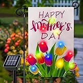 3D Lighted Mother's Day Garden Flag, Solar Powered LED Outdoor Tulips Flower Spring Holiday Yard Flag, Double Side Flag for Patio Lawn, Home Porch 12x18 Inch, Gifts for Women Mother
